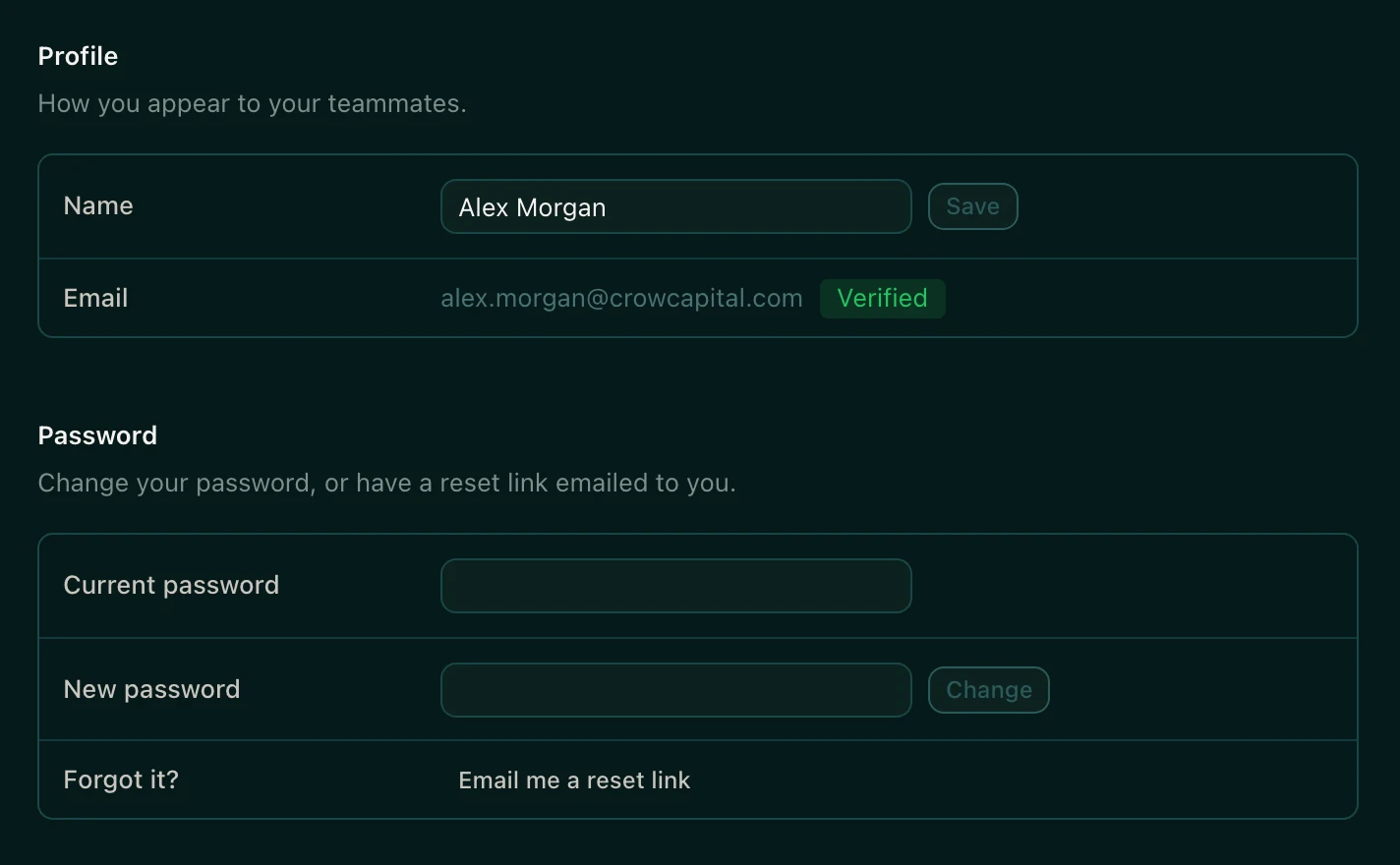 The Account settings page with the Name box and password fields