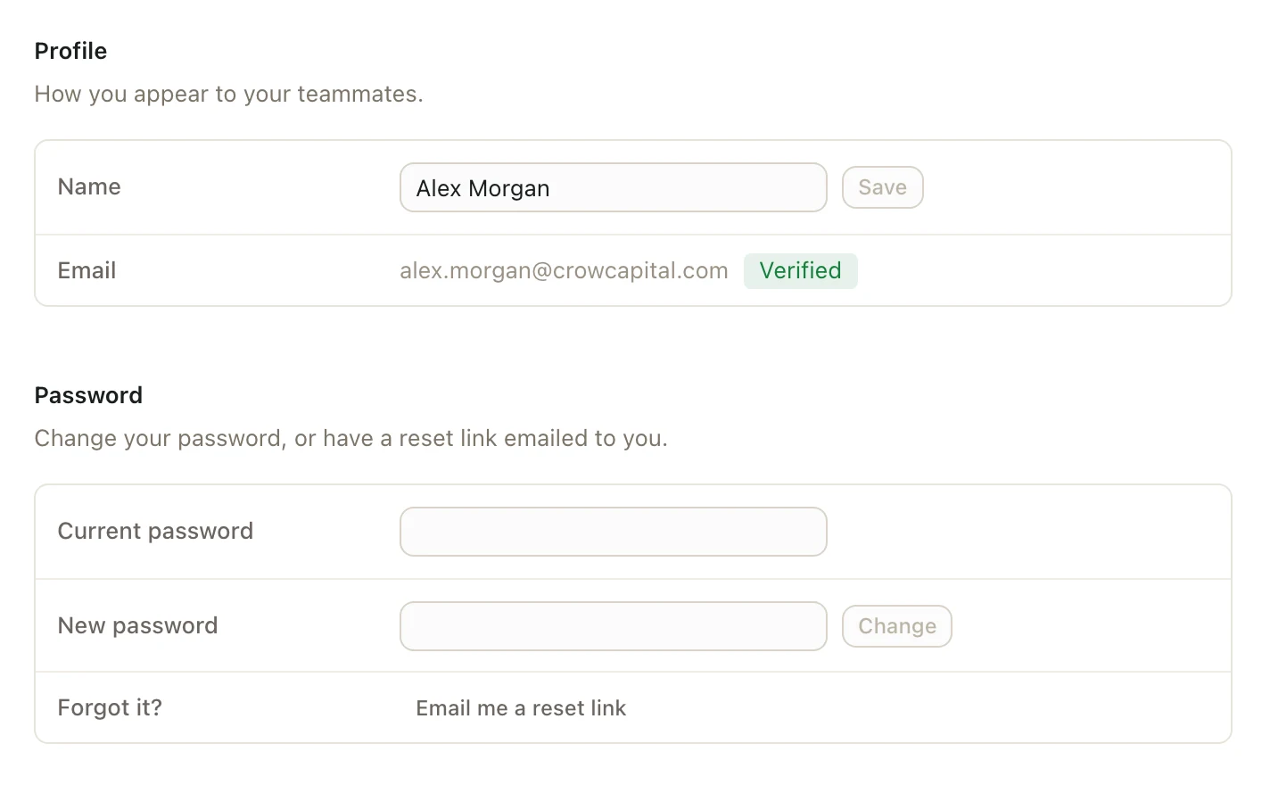 The Account settings page with the Name box and password fields
