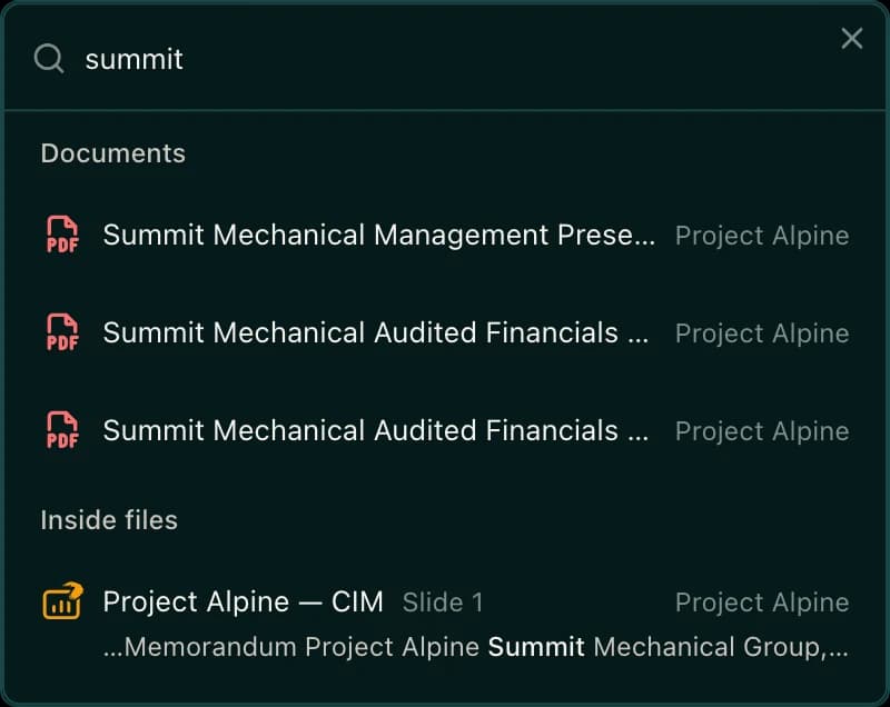 The search window listing matching documents and matches inside files, each with its space