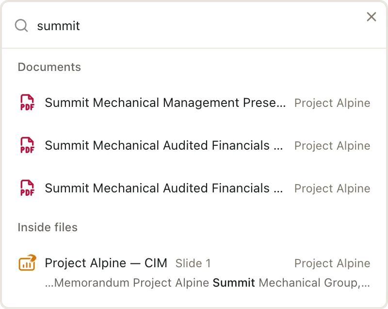 The search window listing matching documents and matches inside files, each with its space