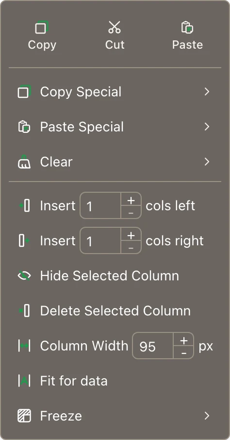 The right-click menu for a column, with Insert, Hide Selected Column, Delete Selected Column, and Column Width