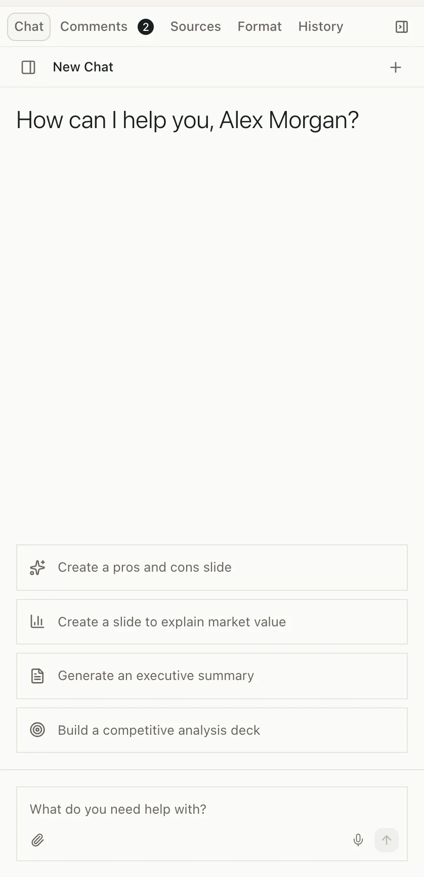 The Chat tab inside a deck, with suggested requests and the message box