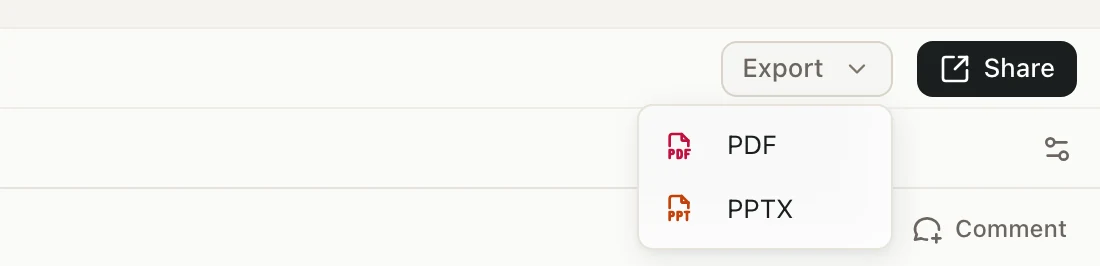 The Export menu open in a deck, showing PDF and PPTX
