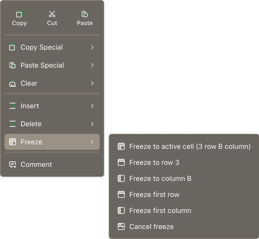 The right-click menu with the Freeze options open