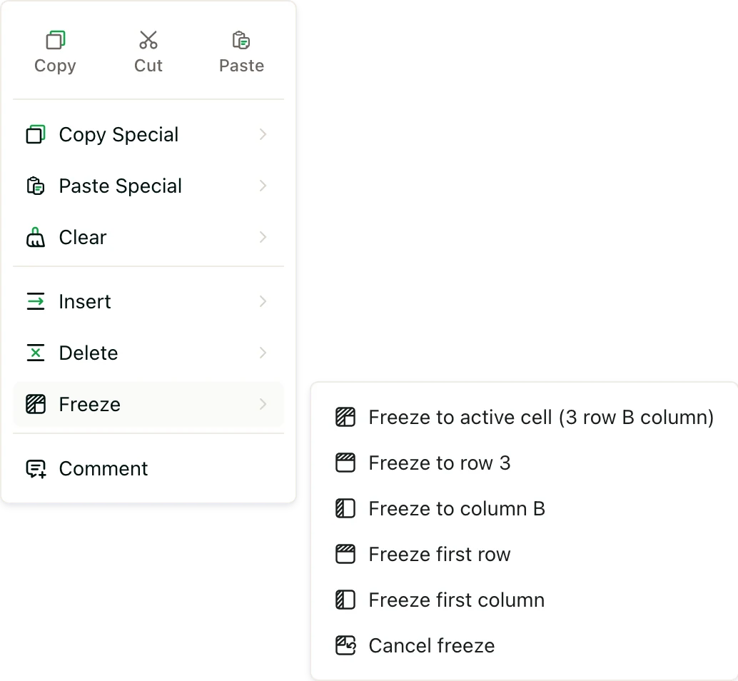 The right-click menu with the Freeze options open