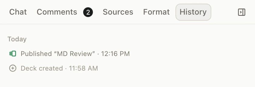 The History tab listing changes to the deck