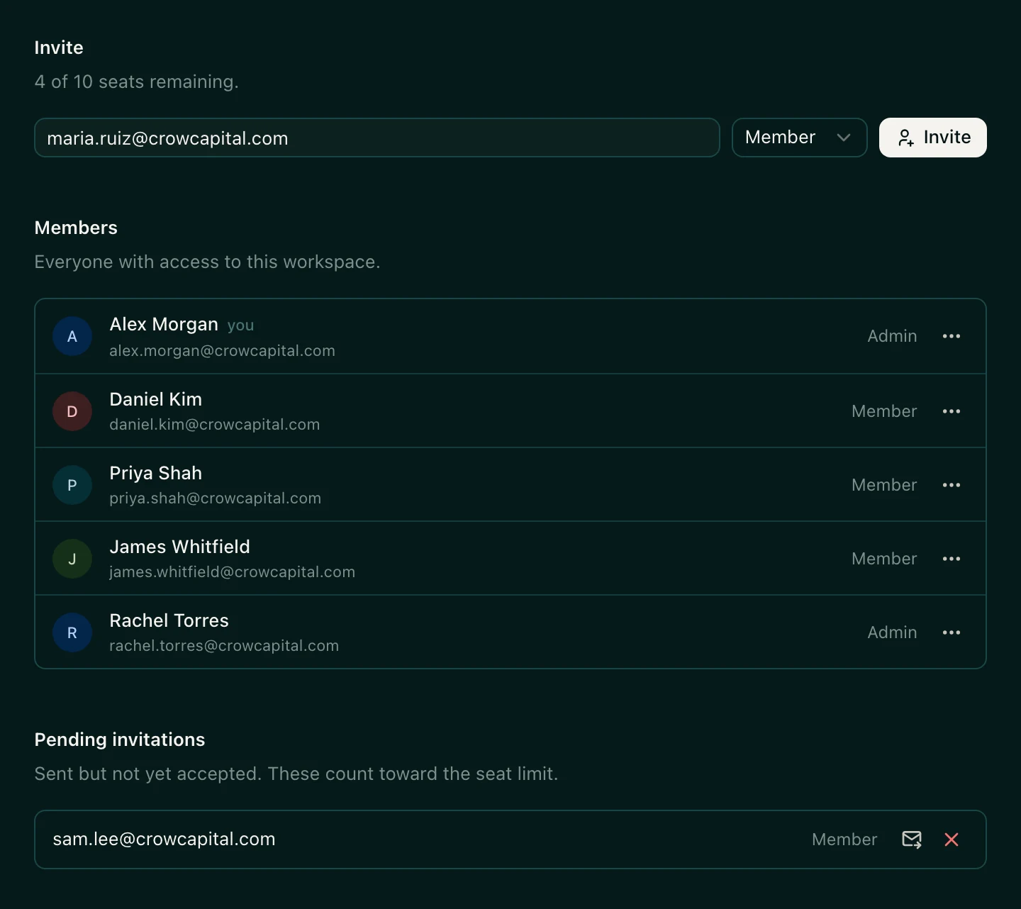 The Members settings page with an email typed into Invite