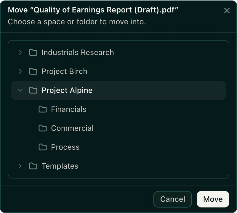 The Move window listing spaces and folders to move a file into