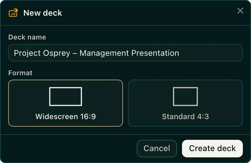 The New deck window with a deck name and the Widescreen 16:9 format picked