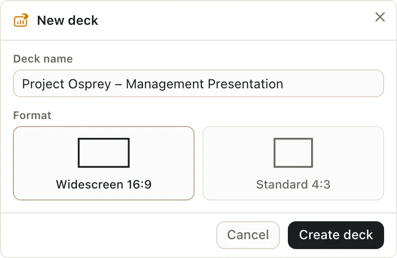 The New deck window with a deck name and the Widescreen 16:9 format picked