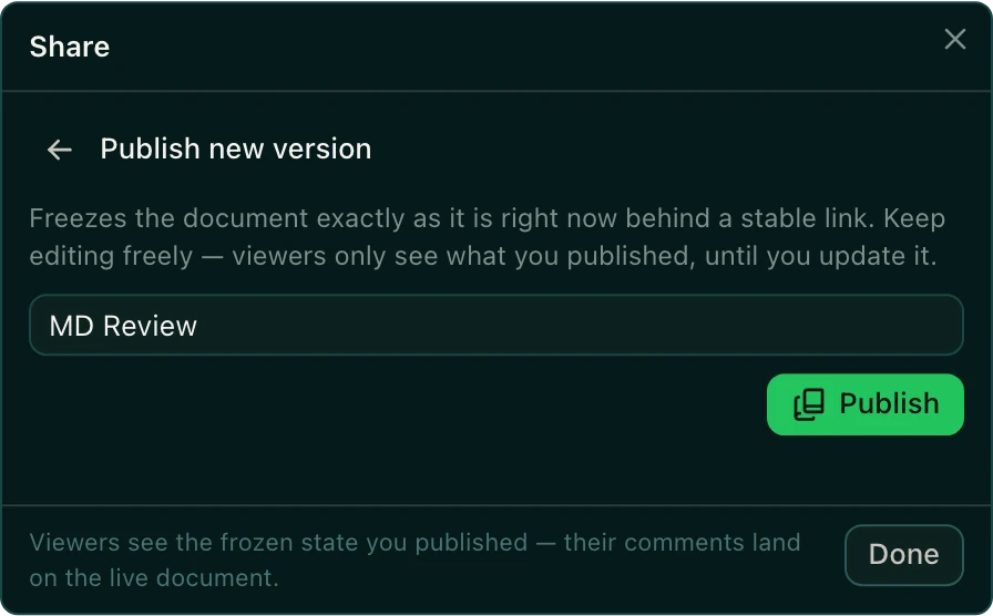 The Publish new version form with the name MD Review