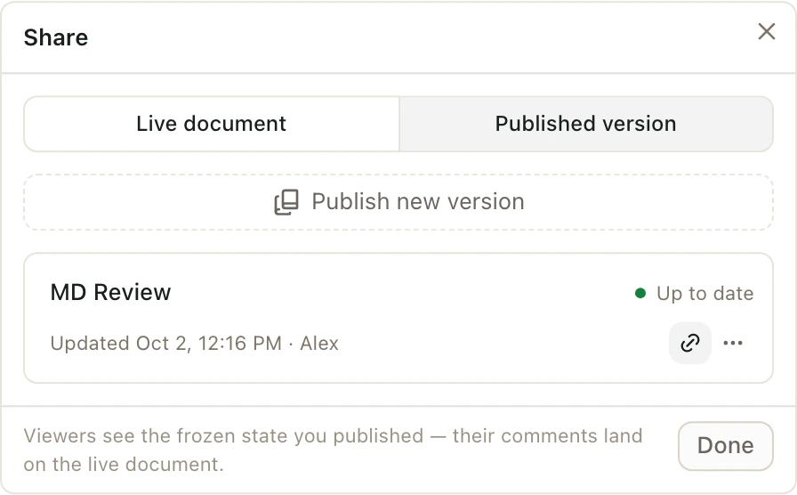 The Published version tab listing the MD Review version with its copy link button