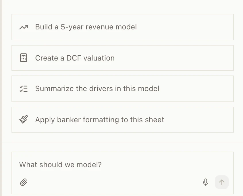 The Chat tab inside a sheet, with suggestions like Build a 5-year revenue model