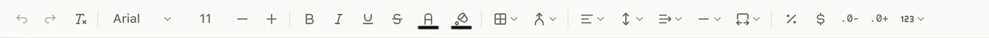The sheet toolbar with buttons for font, size, bold, colors, borders, merging, alignment, and number formats