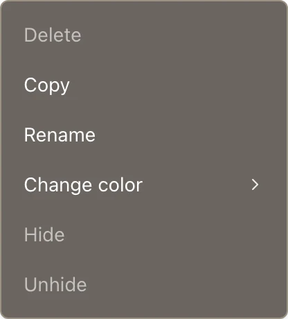 The right-click menu for a sheet tab, with Delete, Copy, Rename, Change color, Hide, and Unhide