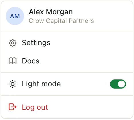 The menu under your name, with Settings, Docs, and the Light mode switch